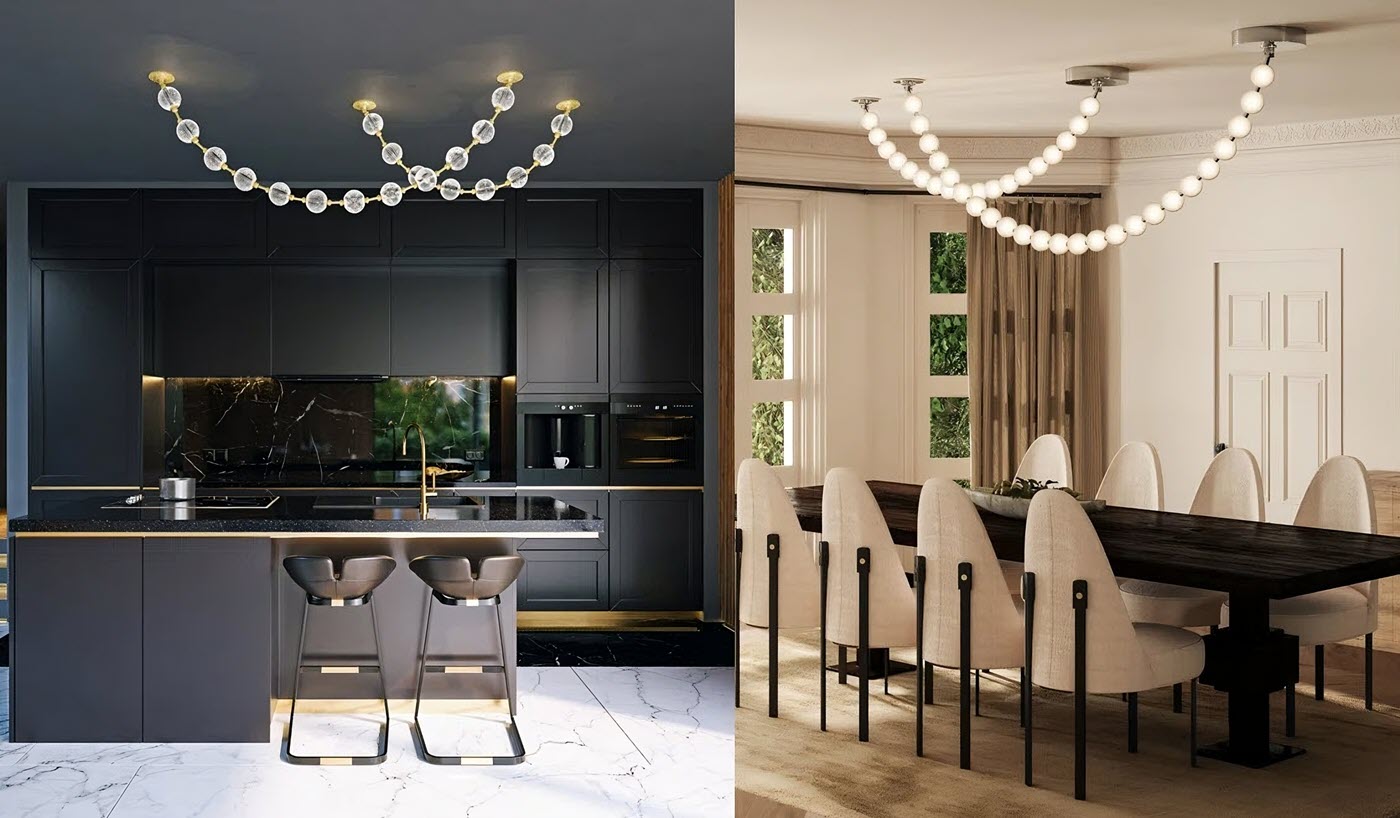 Statement lighting fixtures inspired by jewelry and nature, adding luxury and sculptural elegance to modern interiors